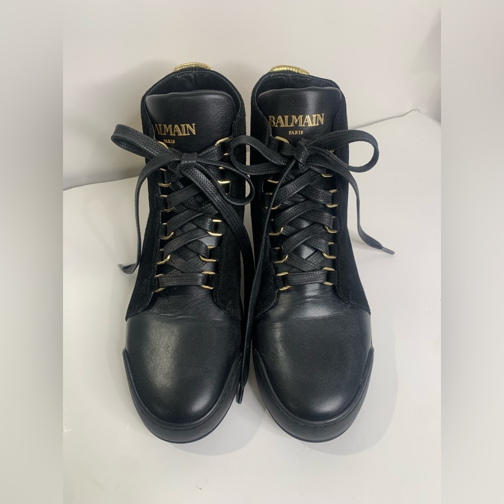 BALMAIN
Leather Colorblock Pattern Wedge Sneakers